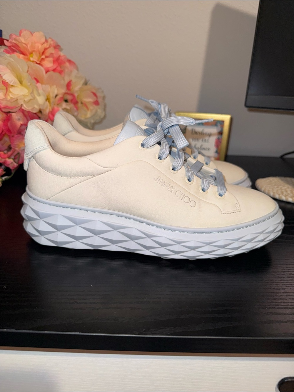 Jimmy Choo Leather Sneakers Platform Cream Blue Lace Up Size 37.5 - Picture 3 of 10